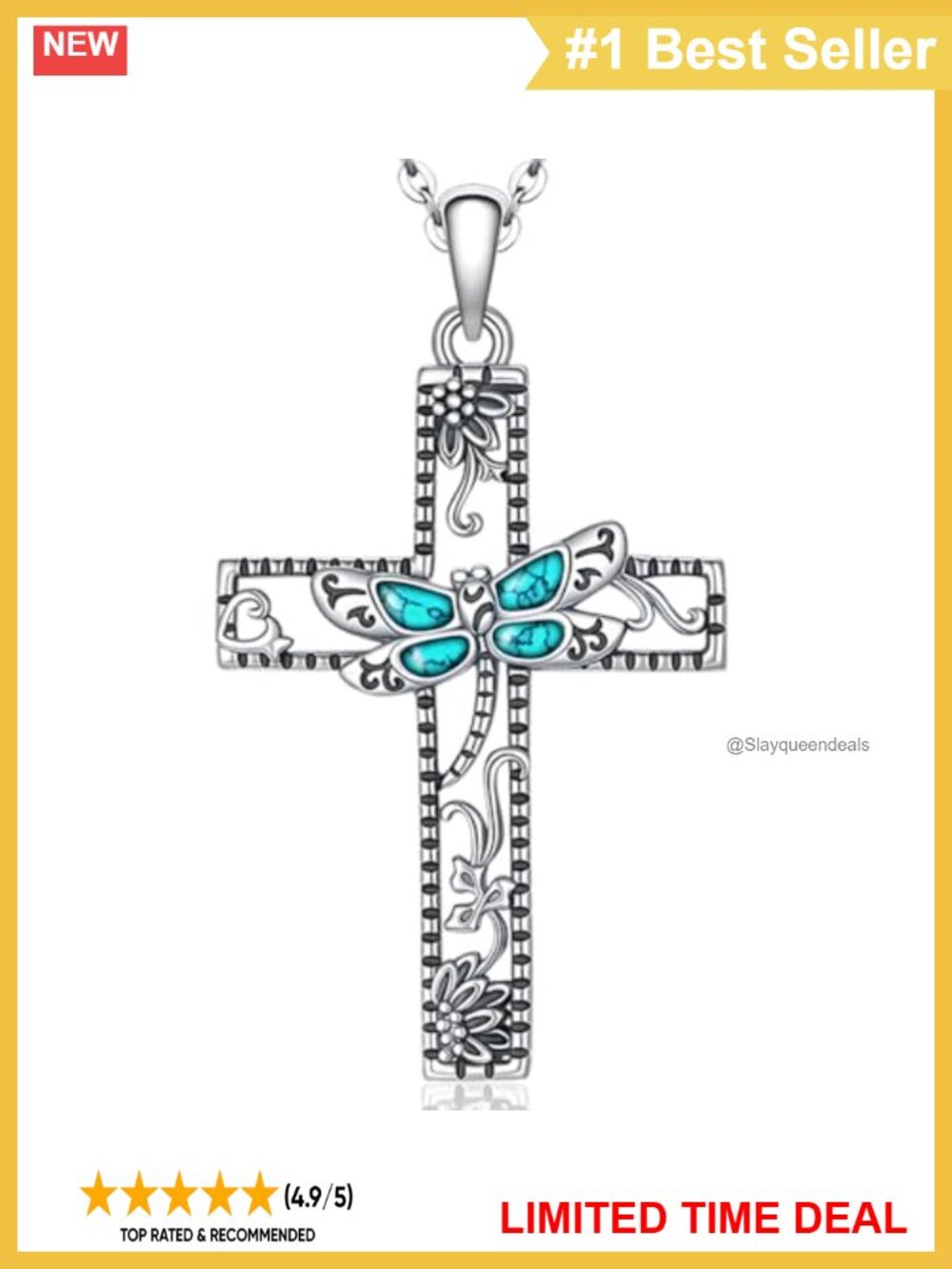 Sterling Silver Dragonfly Cross Pendant Necklace Turquoise